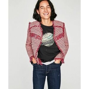 Zara Basic Womens Bloggers Fav Preppy Red Tweed Fringe Blazer Jacket Size S